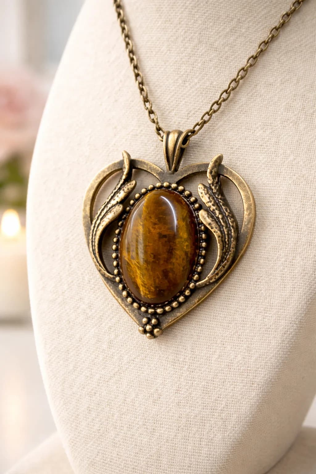 Collier Cœur de Protection – Bronze et Œil de Tigre Naturel