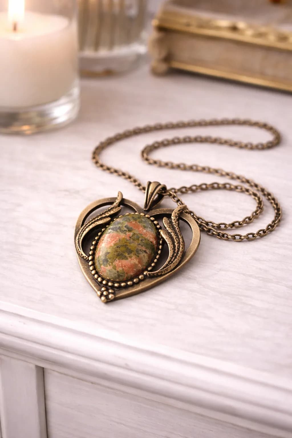 Collier Cœur Bronze & Unakite – Équilibre du Cœur et de l’Esprit