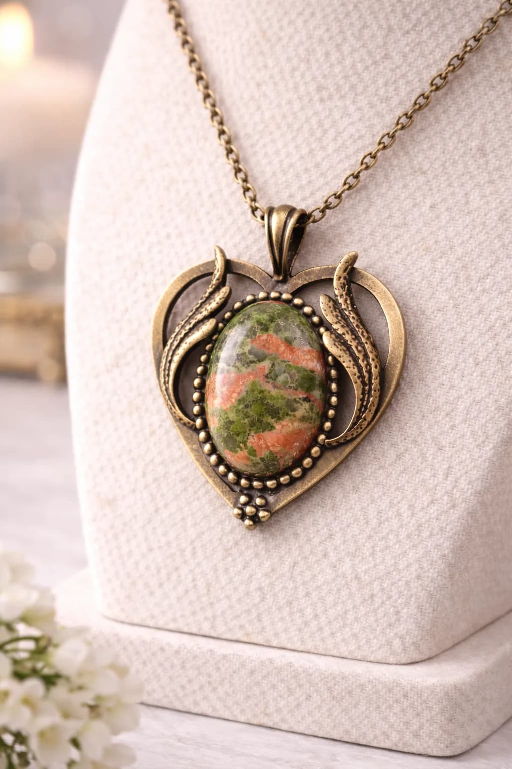 Collier Cœur Bronze & Unakite – Équilibre du Cœur et de l’Esprit