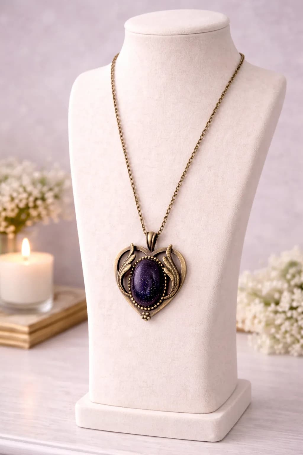 Collier Cœur en Bronze & Goldstone Blue – Éclat Céleste et Confiance