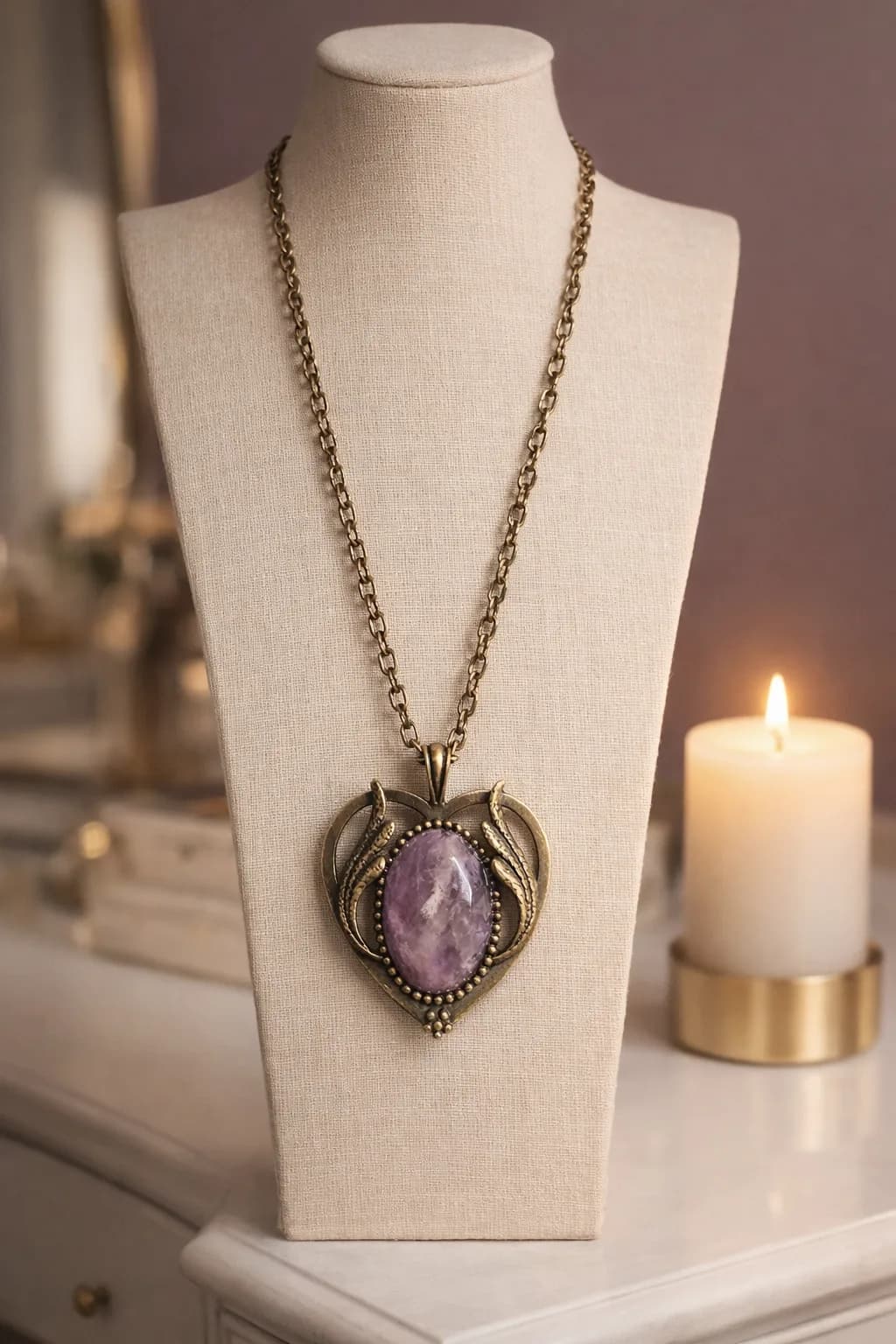 Collier Cœur en Bronze & Améthyste – Sérénité et Élégance