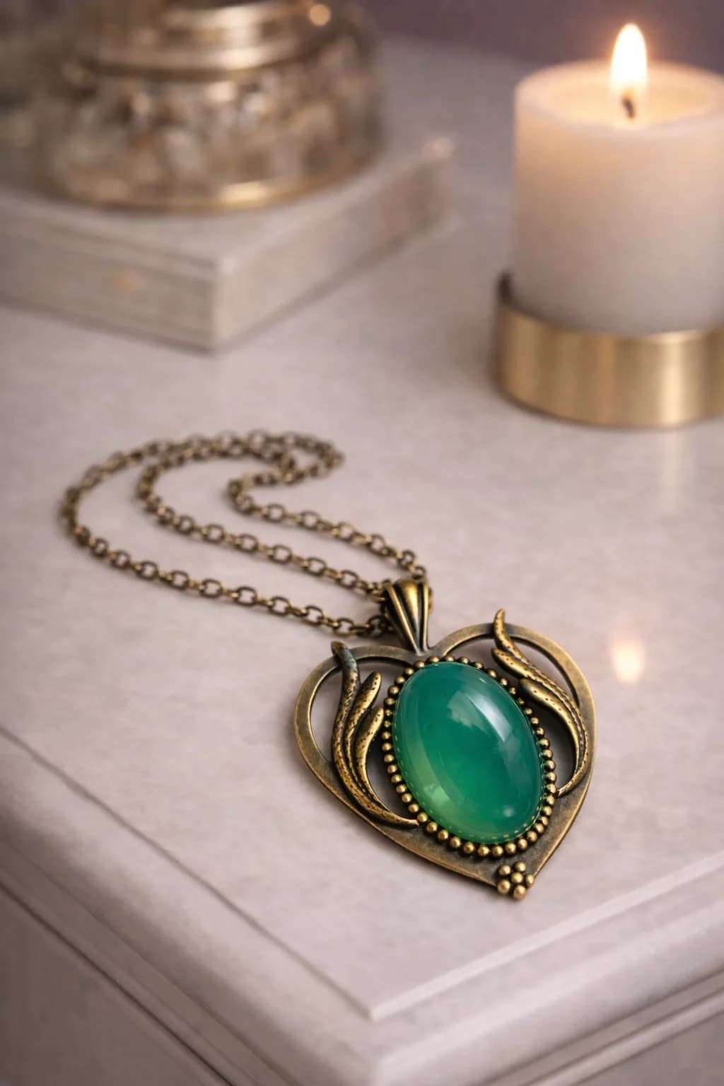 Collier Cœur en Bronze & Agate Verte – Harmonie et Renouveau