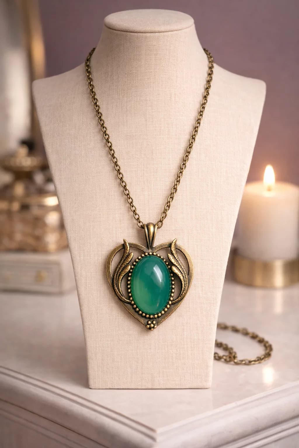 Collier Cœur en Bronze & Agate Verte – Harmonie et Renouveau