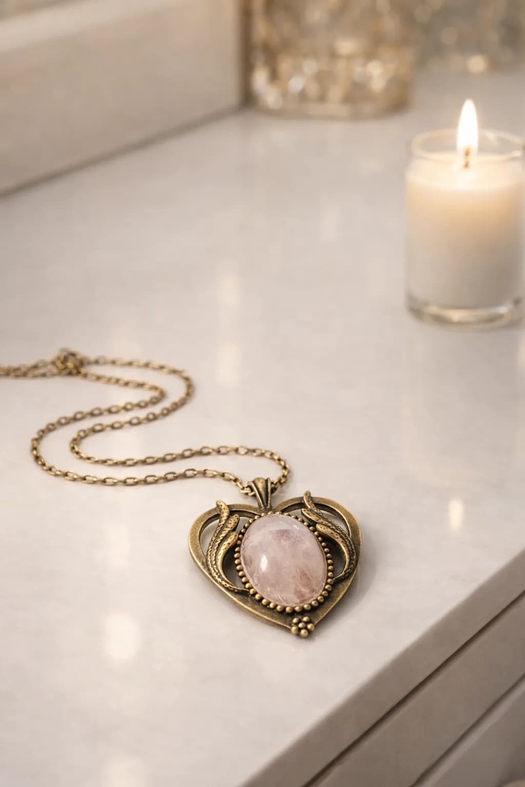 Cœur de Tendresse – Quartz Rose & Bronze Élégant