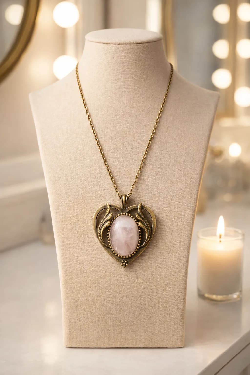 Cœur de Tendresse – Quartz Rose & Bronze Élégant