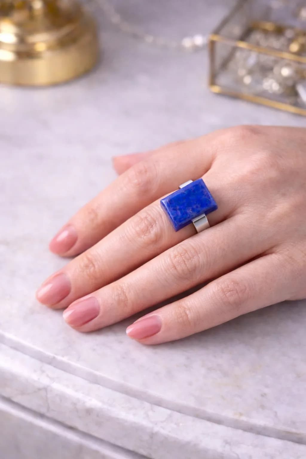 Bleu Profond – Bague Ajustable en Lapis Lazuli & Acier Inoxydable