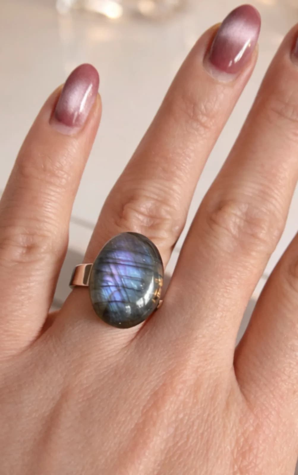 Boréale Intense – Bague Labradorite Striée & Acier Inoxydable Ajustable