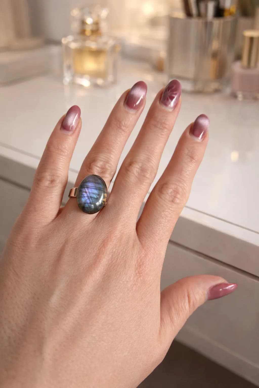 Boréale Intense – Bague Labradorite Striée & Acier Inoxydable Ajustable