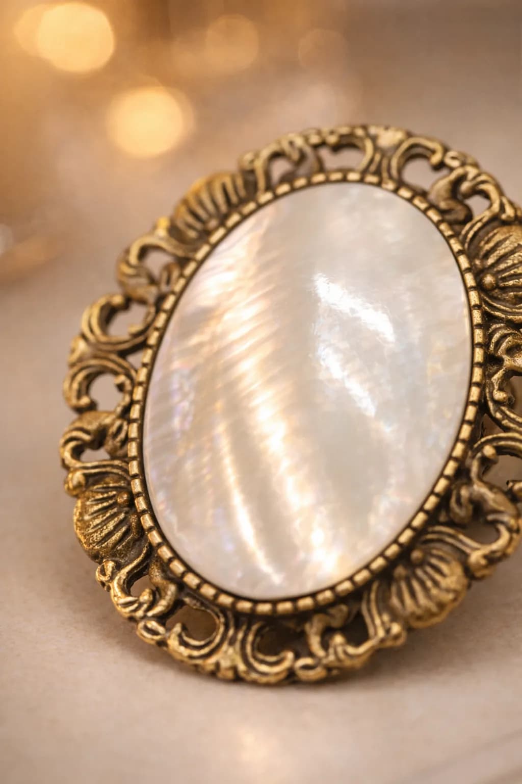 Broche Ovale en Nacre – Monture Bronze Vintage
