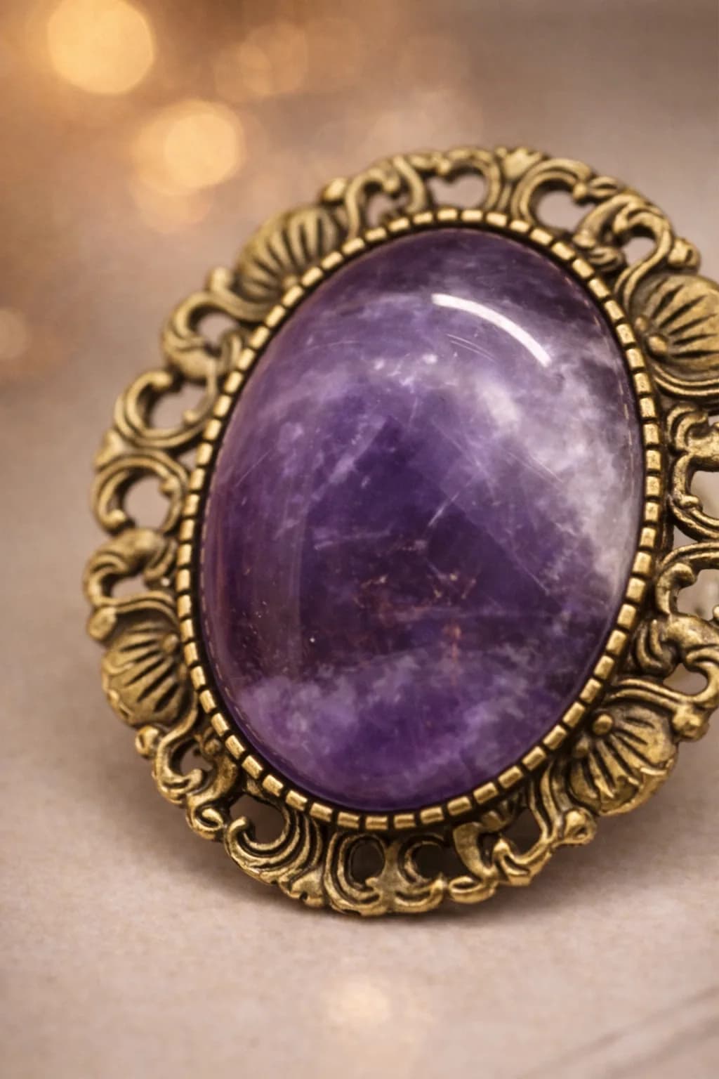 Broche ovale en améthyste – Style vintage bronze