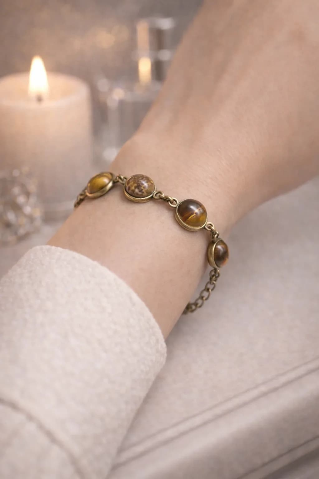 Bracelet bronze ajustable – 6 pierres d’Œil du Tigre