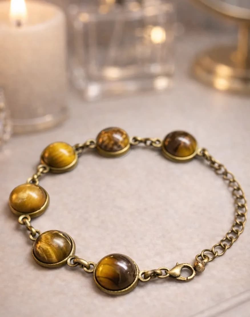 Bracelet bronze ajustable – 6 pierres d’Œil du Tigre