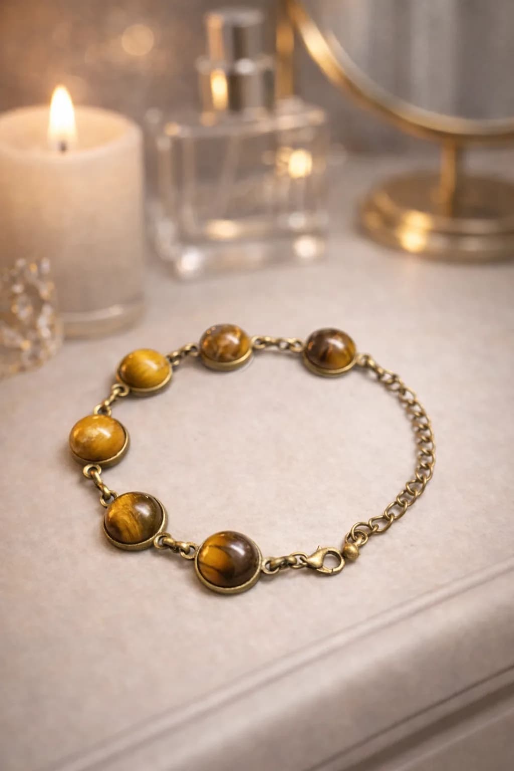 Bracelet bronze ajustable – 6 pierres d’Œil du Tigre