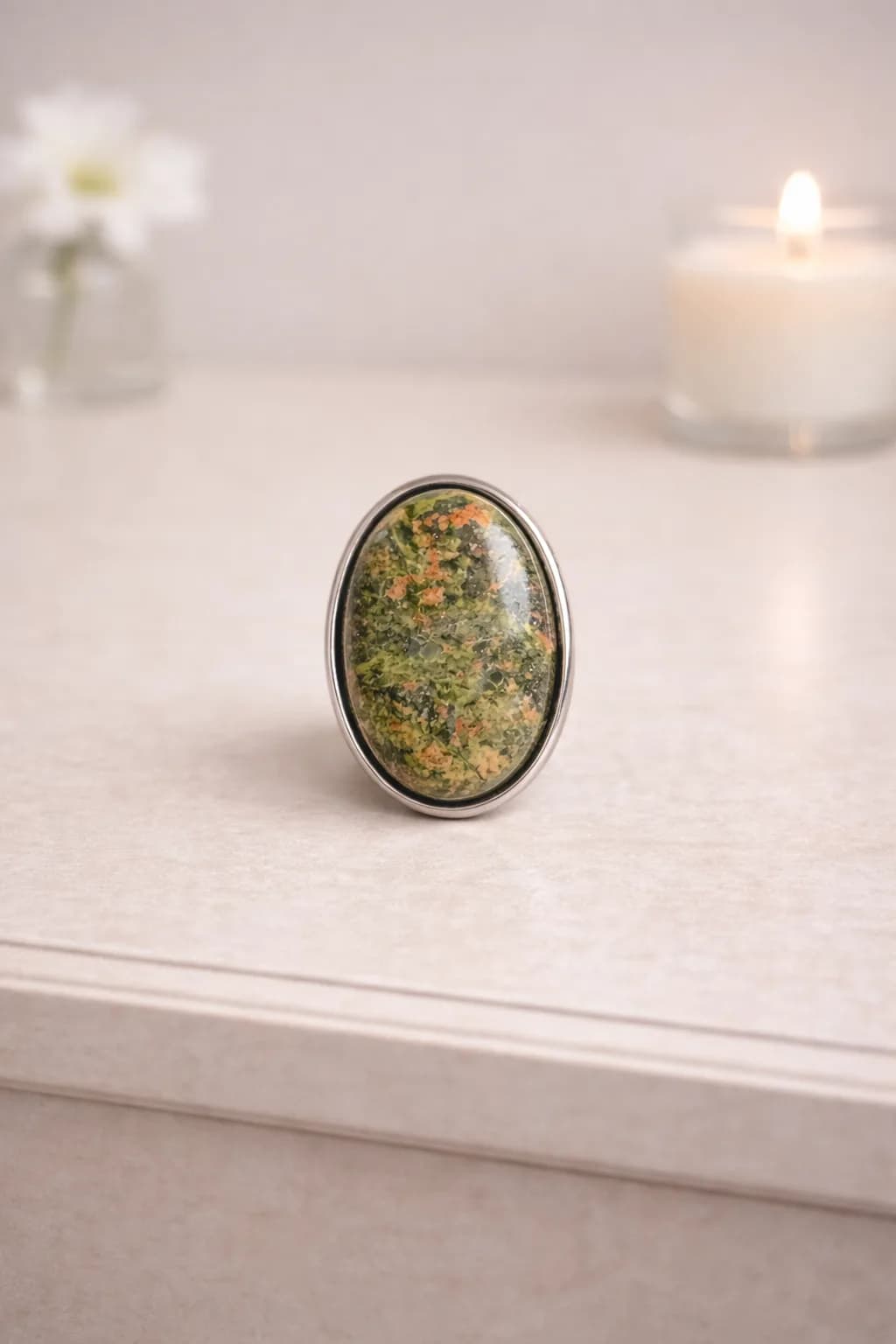Bague “Souffle Minéral” – Unakite verte et rosée