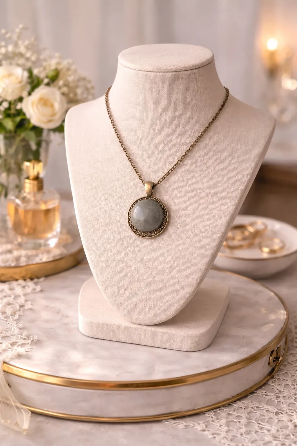 Lumière d’Ombre – Collier Médaillon en Labradorite Grise