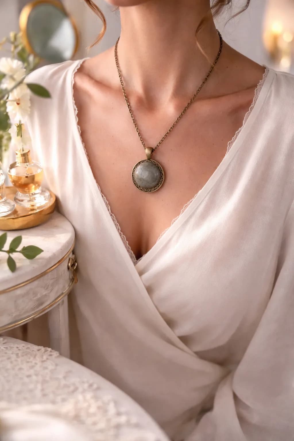Lumière d’Ombre – Collier Médaillon en Labradorite Grise