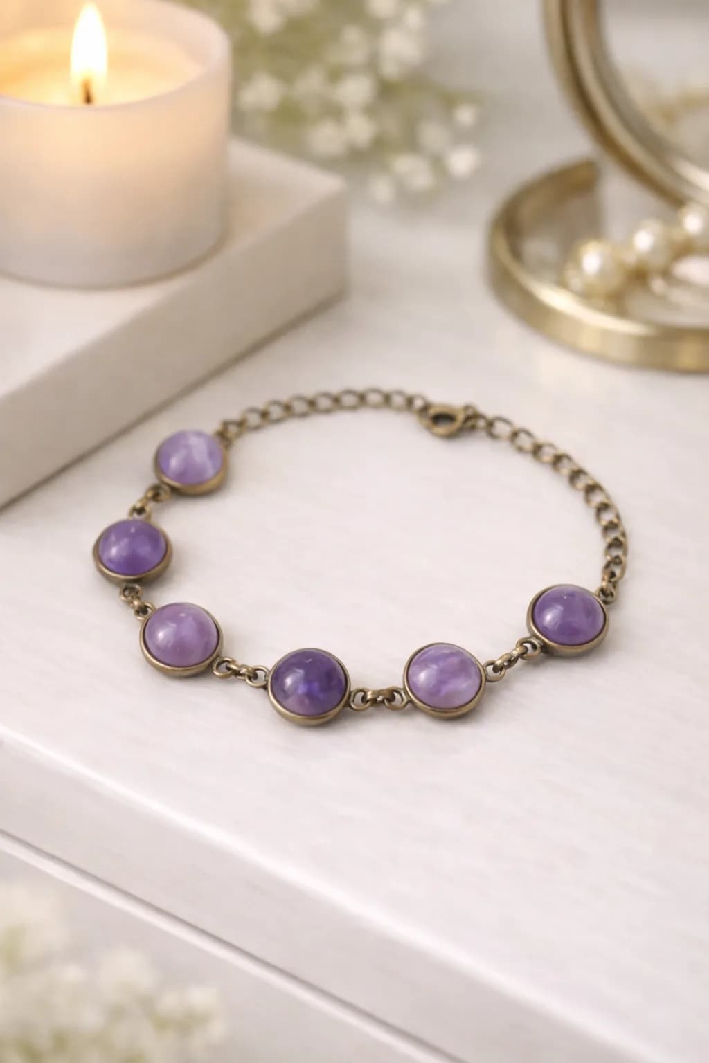 Bracelet Éclat Améthyste – Bronze et Sérénité Ajustable