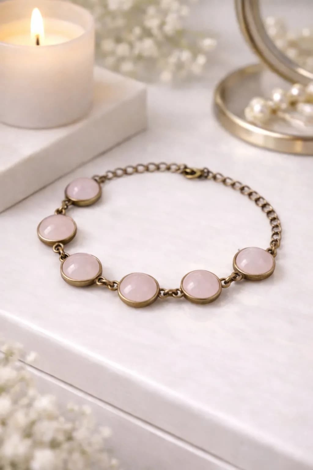 Bracelet Douceur Quartz Rose – Bronze et Harmonie Ajustable
