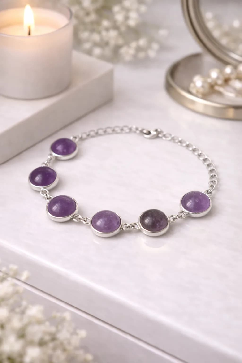 Bracelet Nuit Mystique Améthyste – Acier Argenté et Élégance Ajustable