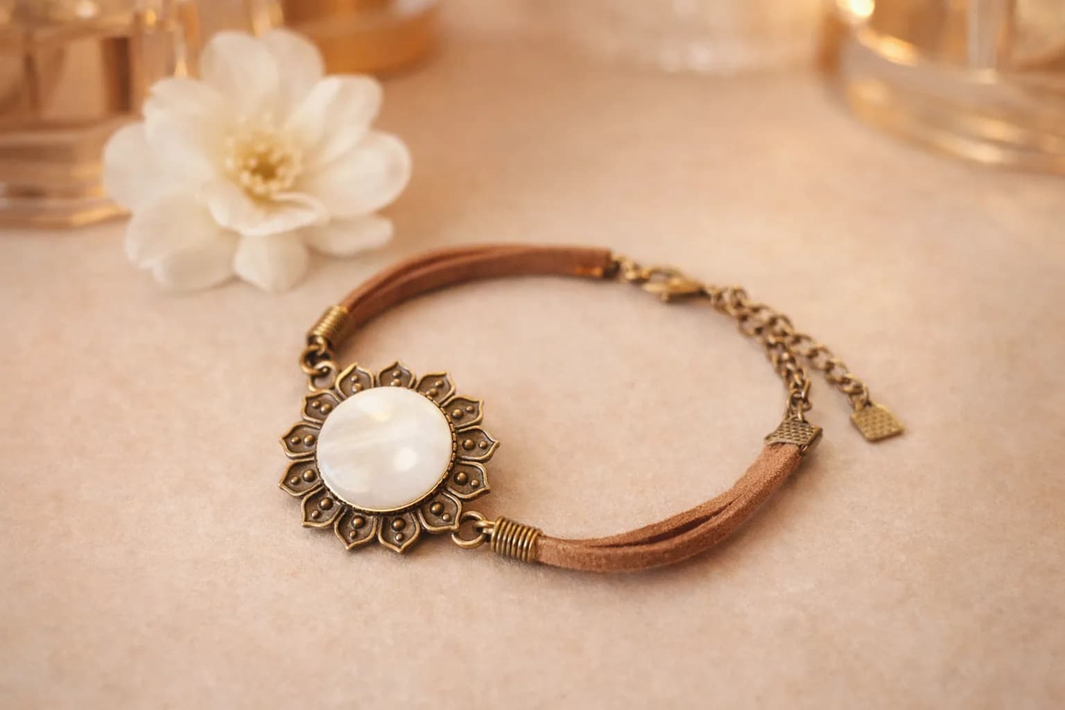 Bracelet Fleur Bohème en Bronze & Nacre Naturelle – Cordon Daim Ajustable