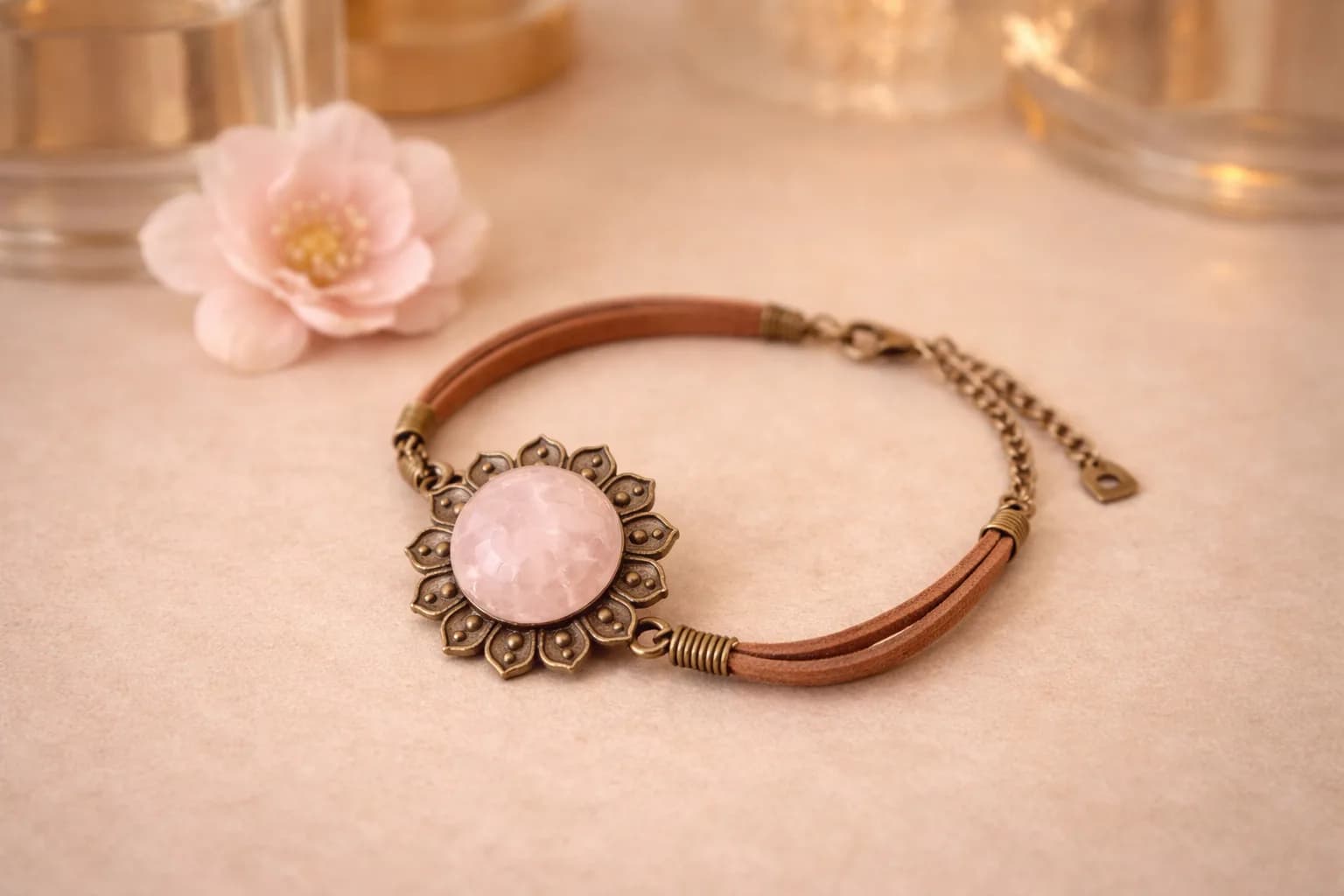 Bracelet Fleur Bohème en Bronze & Quartz Rose Naturel – Cordon Daim Ajustable