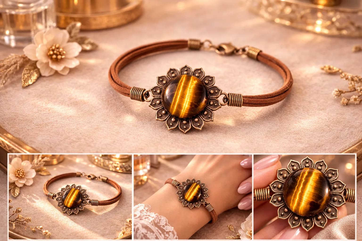 Bracelet Fleur Bohème en Bronze & Œil de Tigre Naturel – Cordon Daim Ajustable