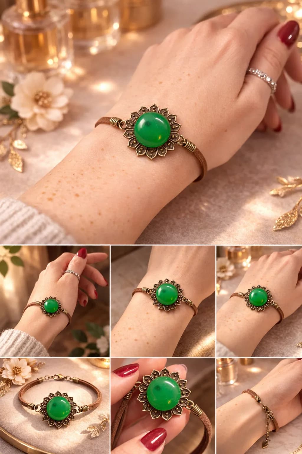 Bracelet Fleur Bohème en Bronze & Agate Verte Naturelle – Cordon Daim Ajustable