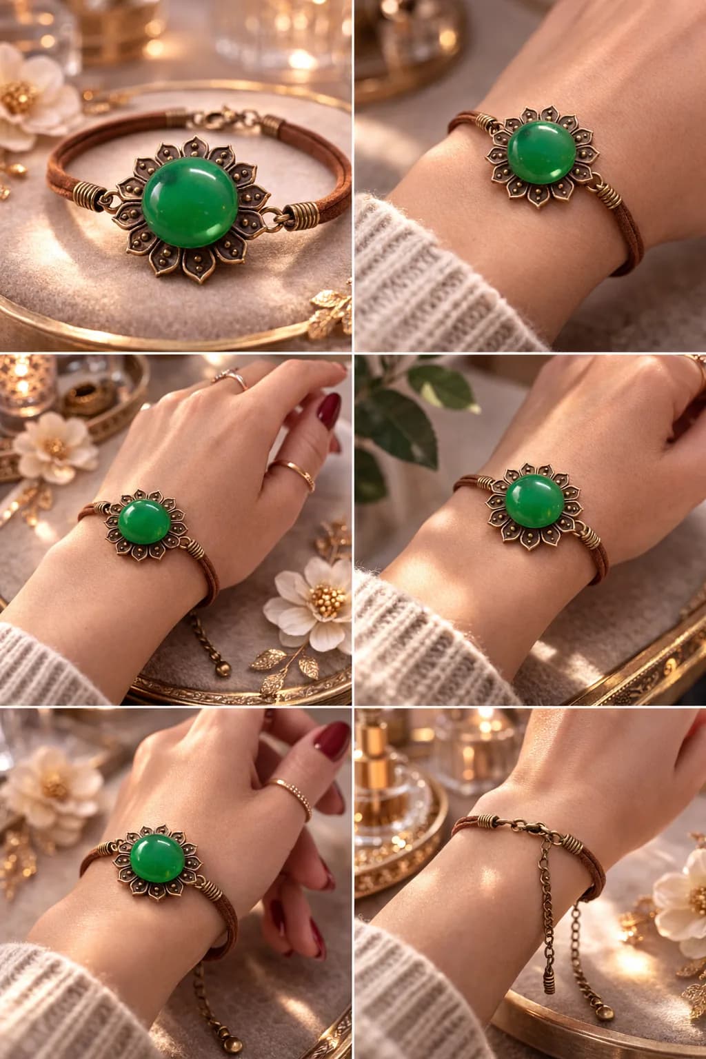 Bracelet Fleur Bohème en Bronze & Agate Verte Naturelle – Cordon Daim Ajustable