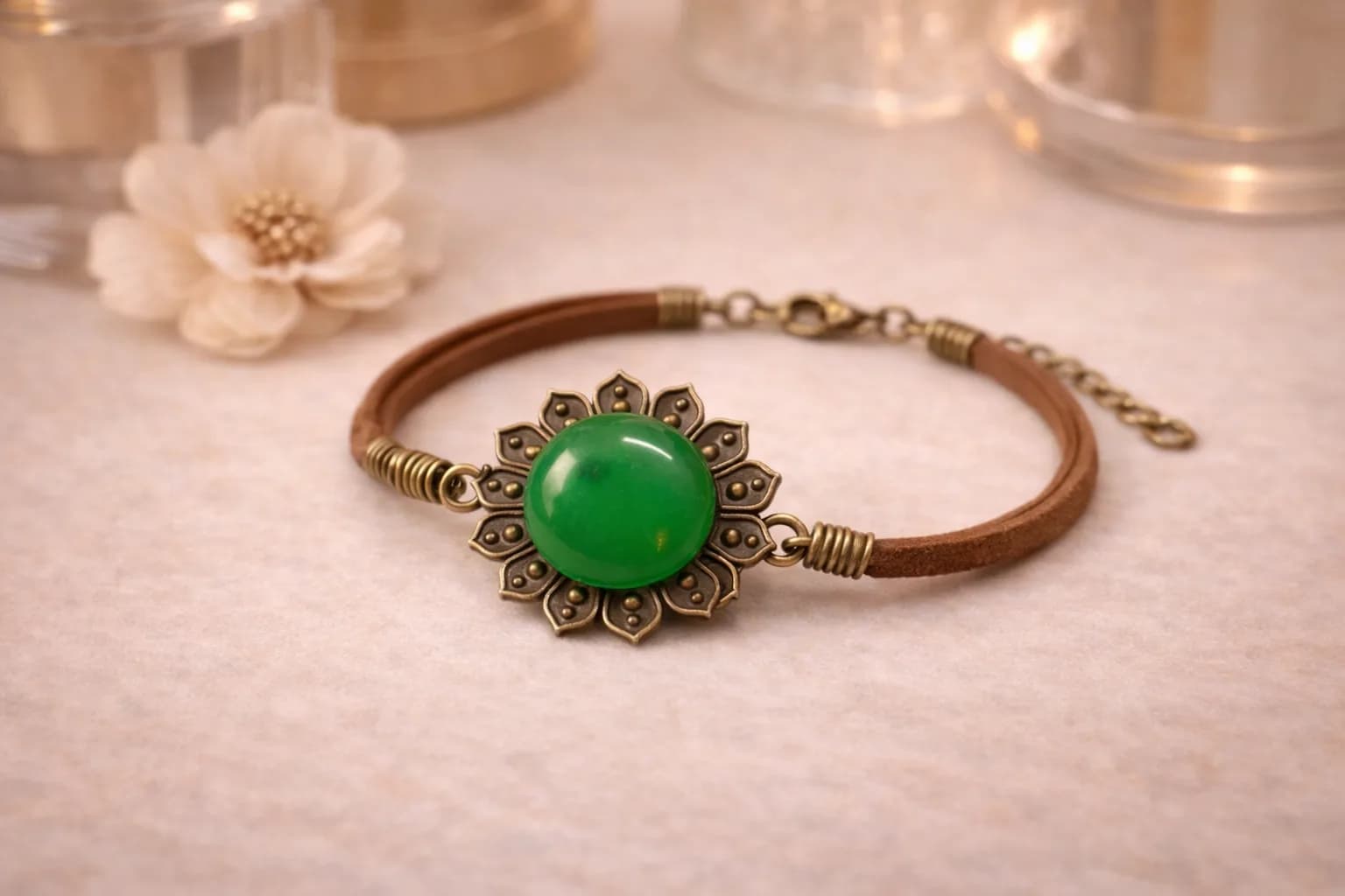 Bracelet Fleur Bohème en Bronze & Agate Verte Naturelle – Cordon Daim Ajustable