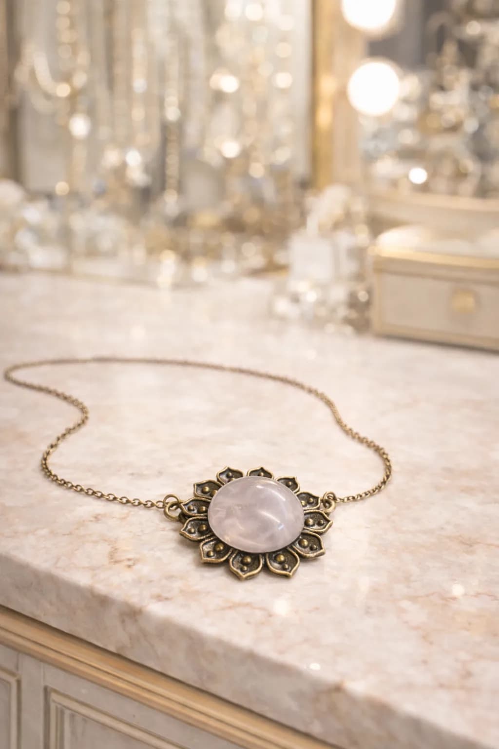 Collier Fleur Bohème en Bronze & Quartz Rose Naturel