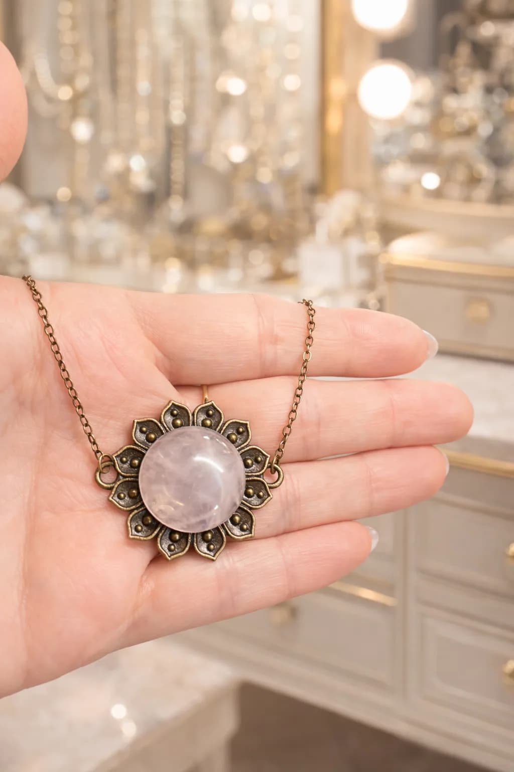 Collier Fleur Bohème en Bronze & Quartz Rose Naturel