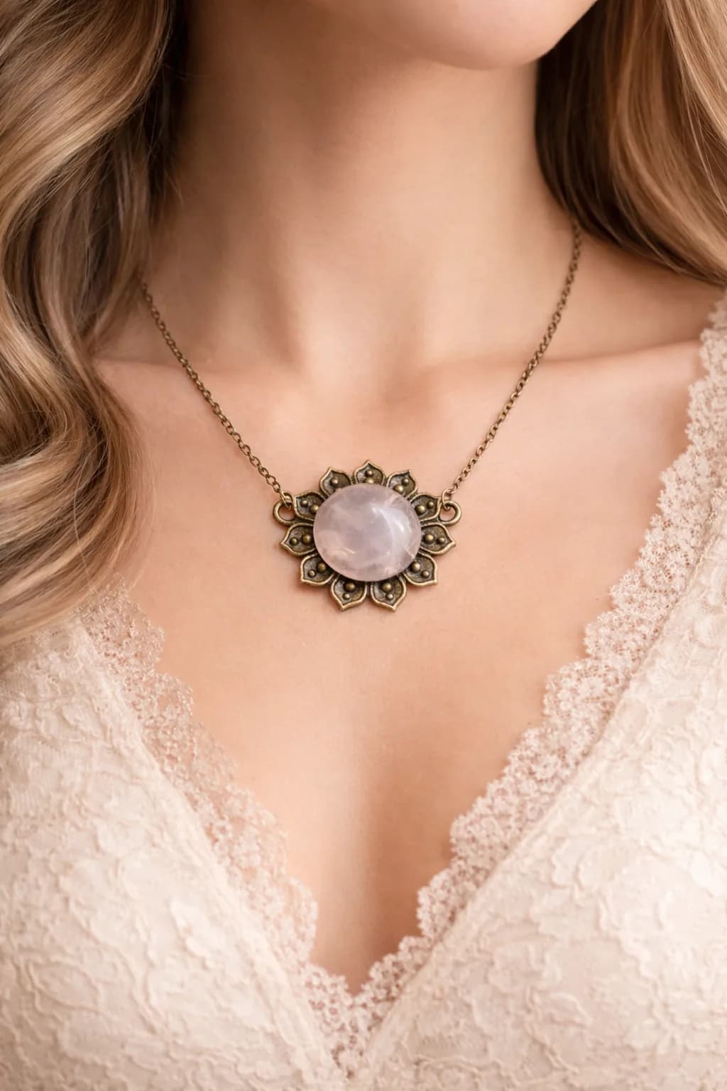 Collier Fleur Bohème en Bronze & Quartz Rose Naturel