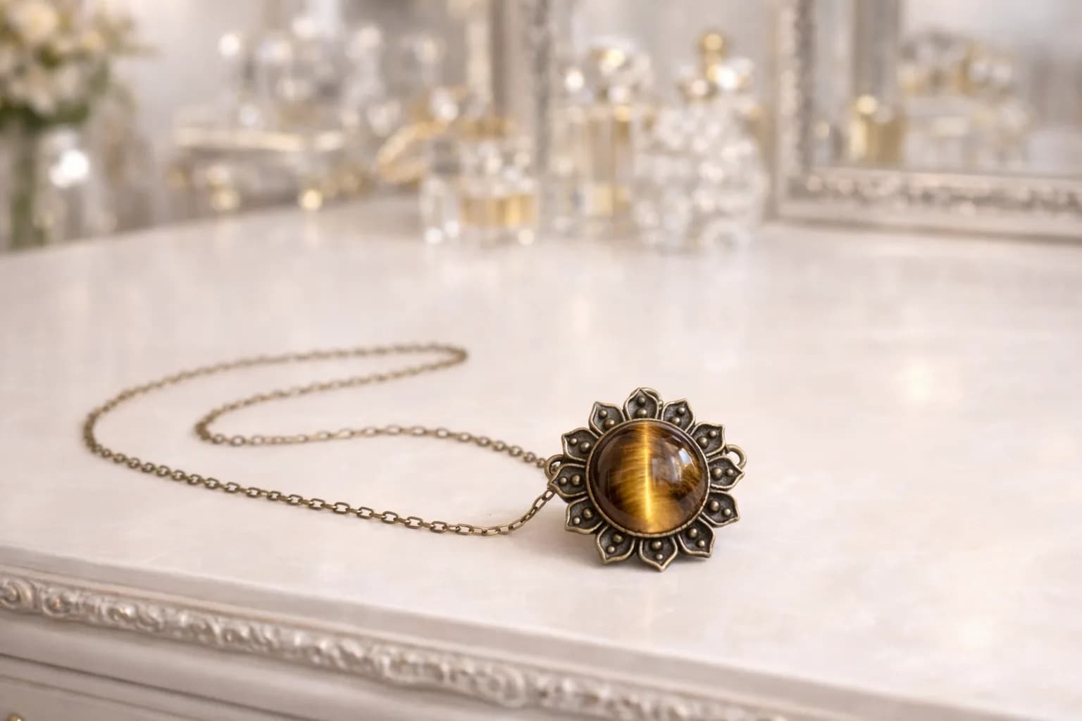 Collier Fleur Bohème en Bronze & Œil de Tigre Naturel