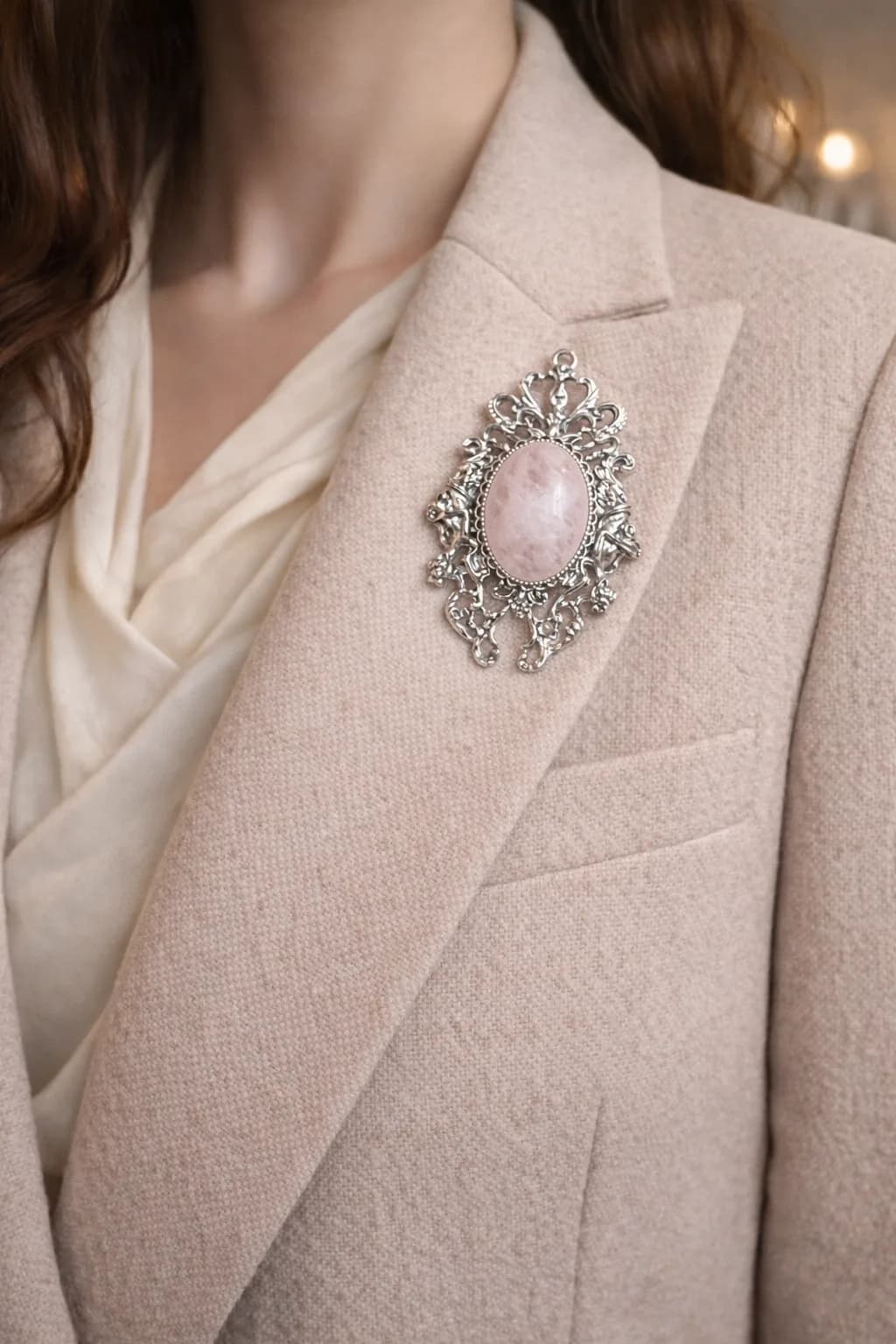 Broche Quartz Rose – Douceur minérale et élégance vintage