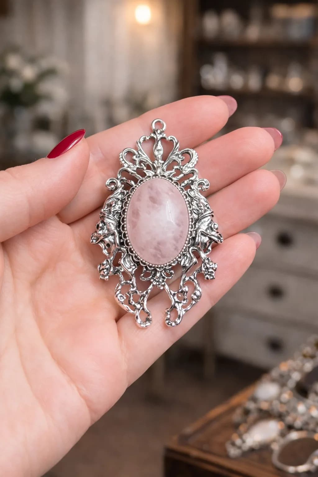 Broche Quartz Rose – Douceur minérale et élégance vintage