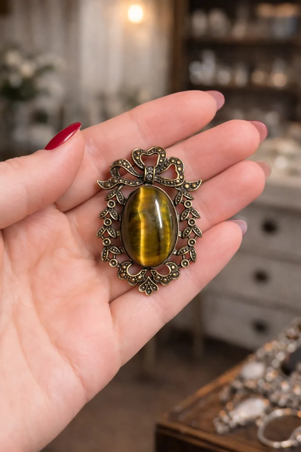 Broche Nœud Élégance – Œil de Tigre & Bronze Antique