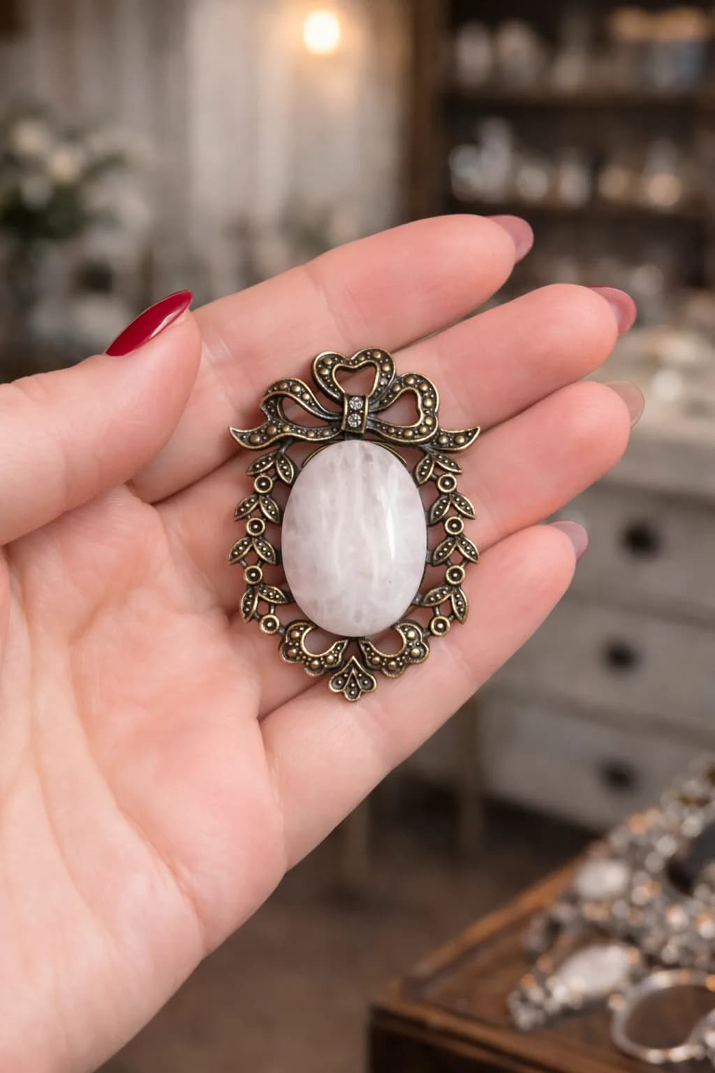 Broche Nœud Élégance – Quartz Rose & Bronze Antique