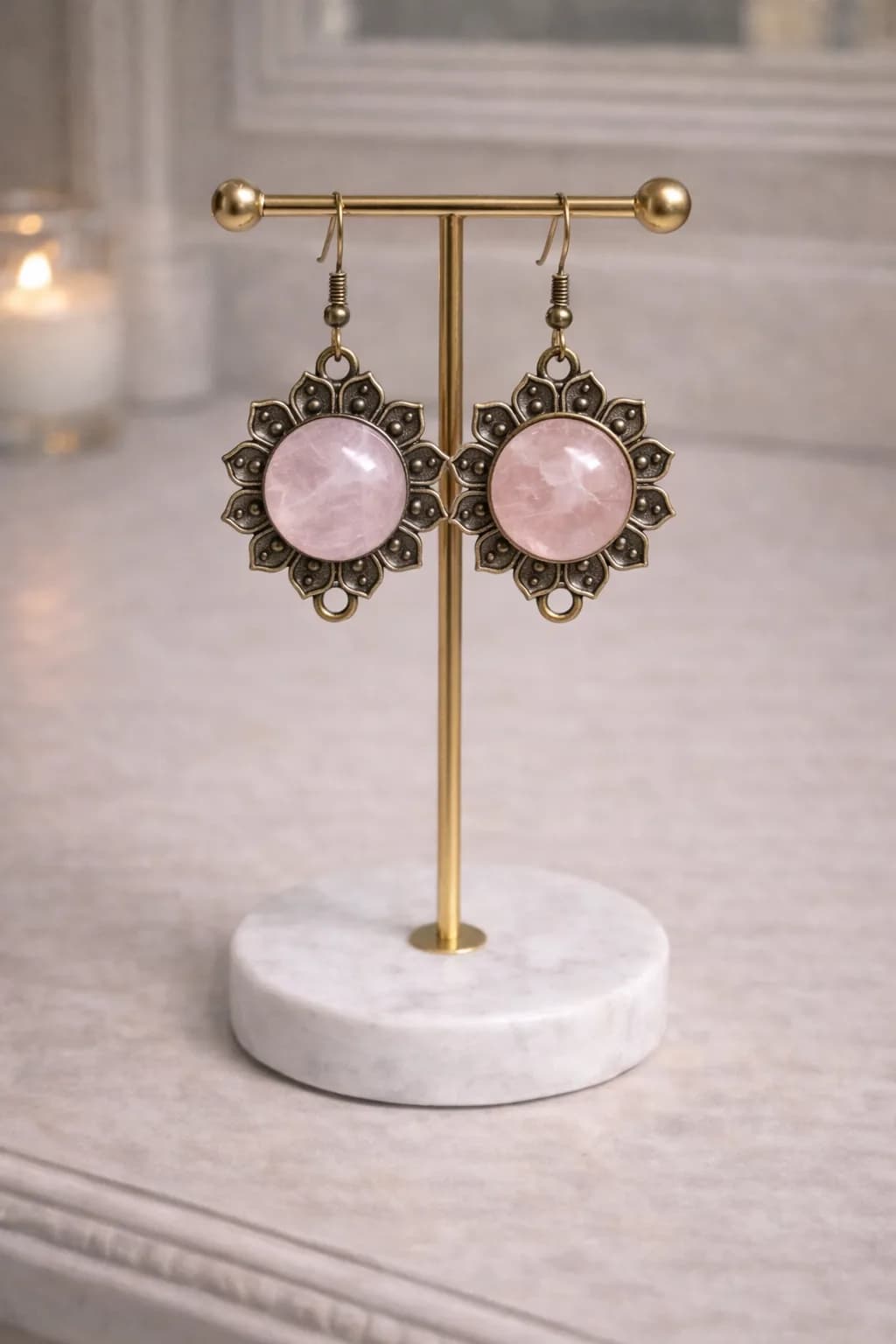 Boucles d’Oreilles Fleur de Quartz Rose