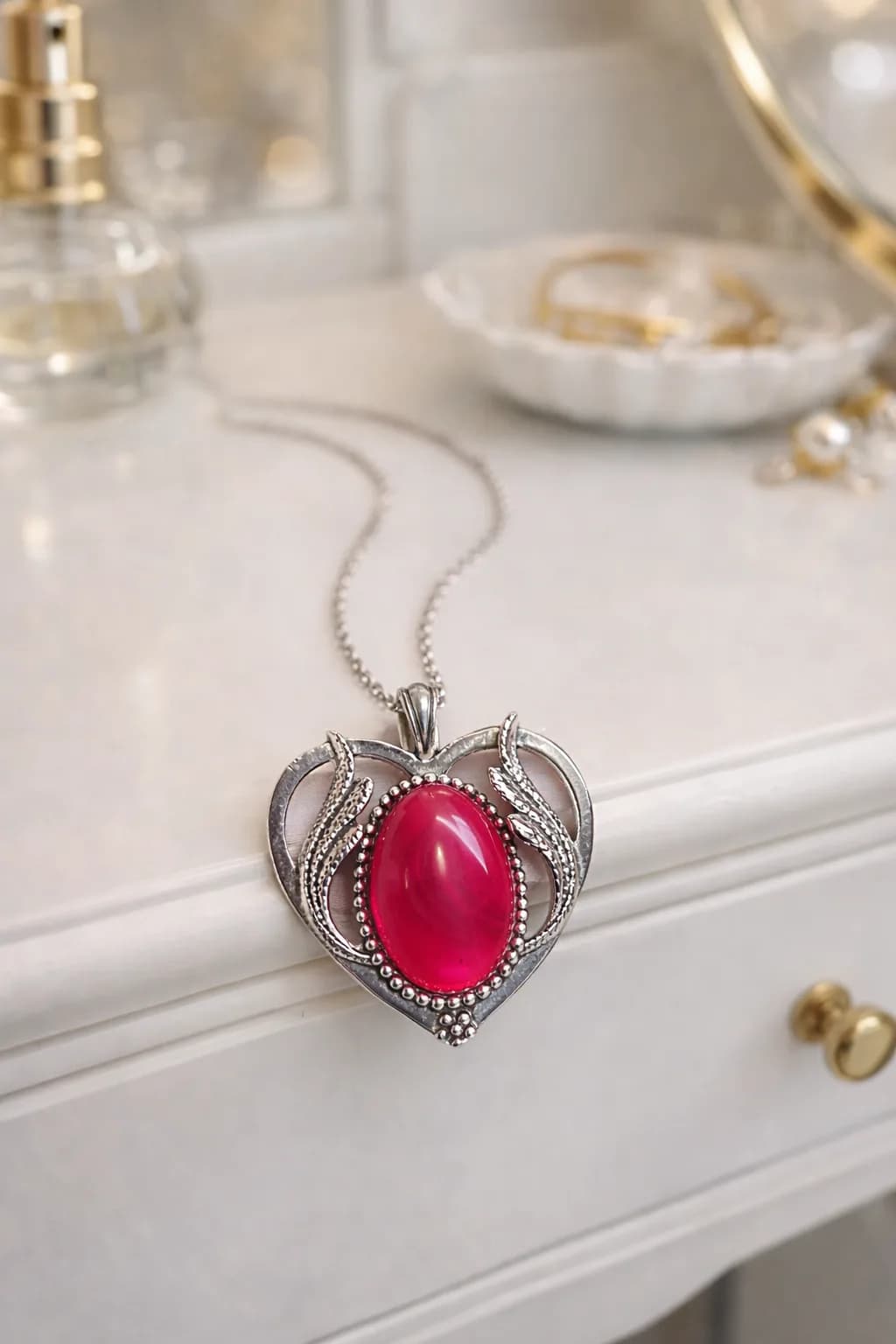Collier Cœur en Argent Antique avec Agate Fuchsia – Éclat et Vitalité