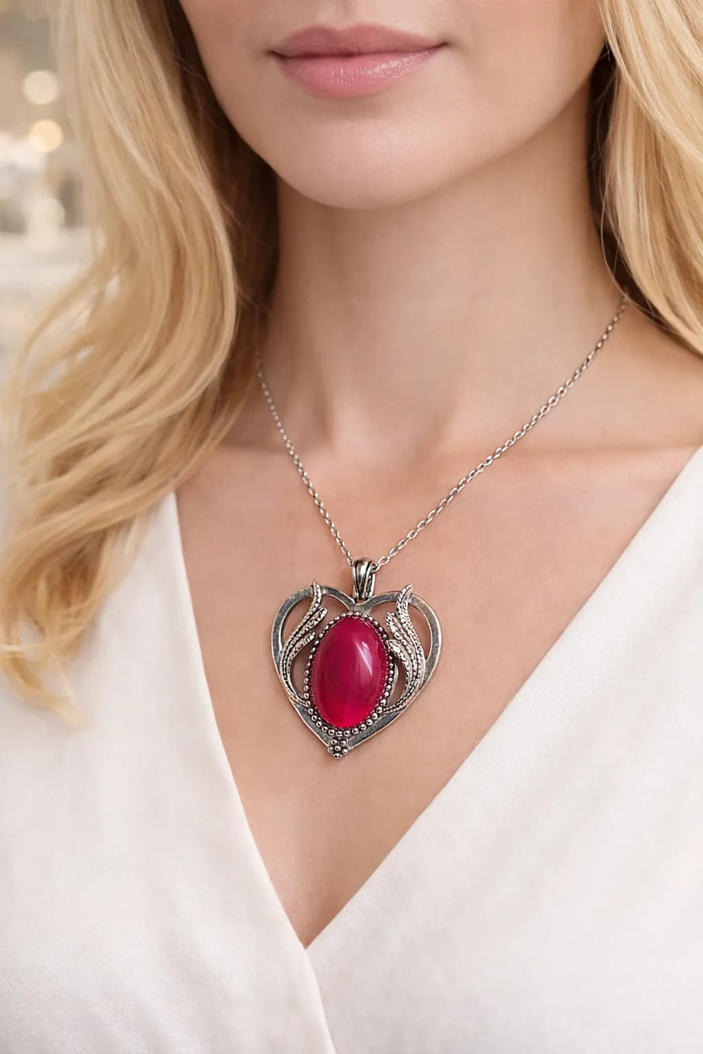 Collier Cœur en Argent Antique avec Agate Fuchsia – Éclat et Vitalité