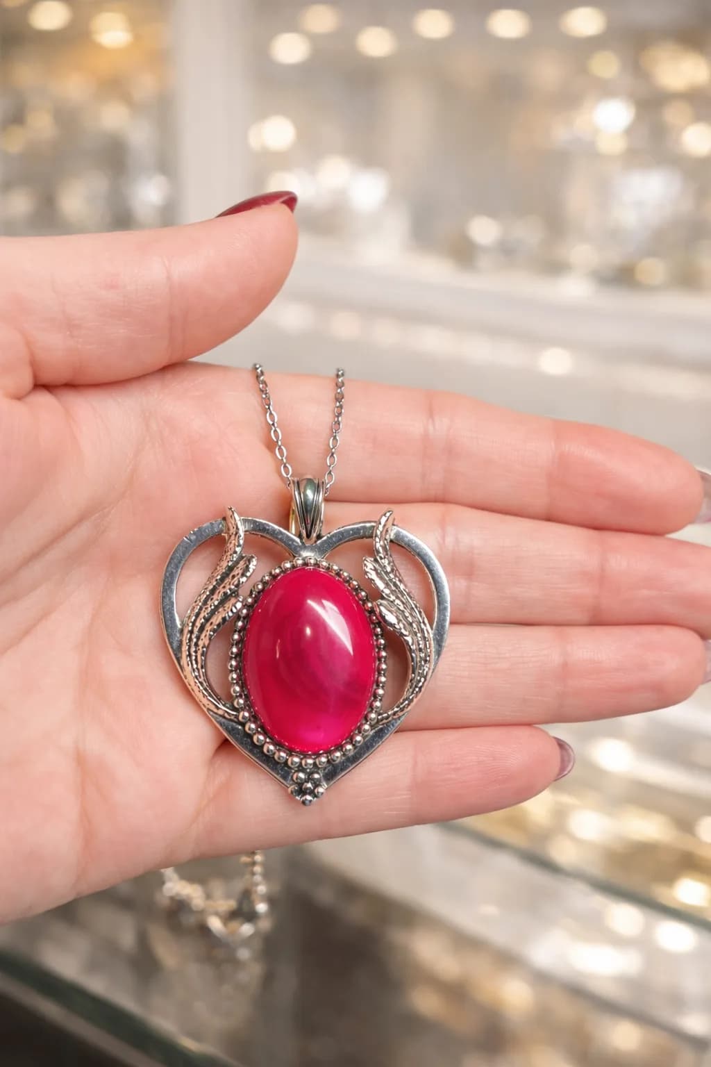 Collier Cœur en Argent Antique avec Agate Fuchsia – Éclat et Vitalité