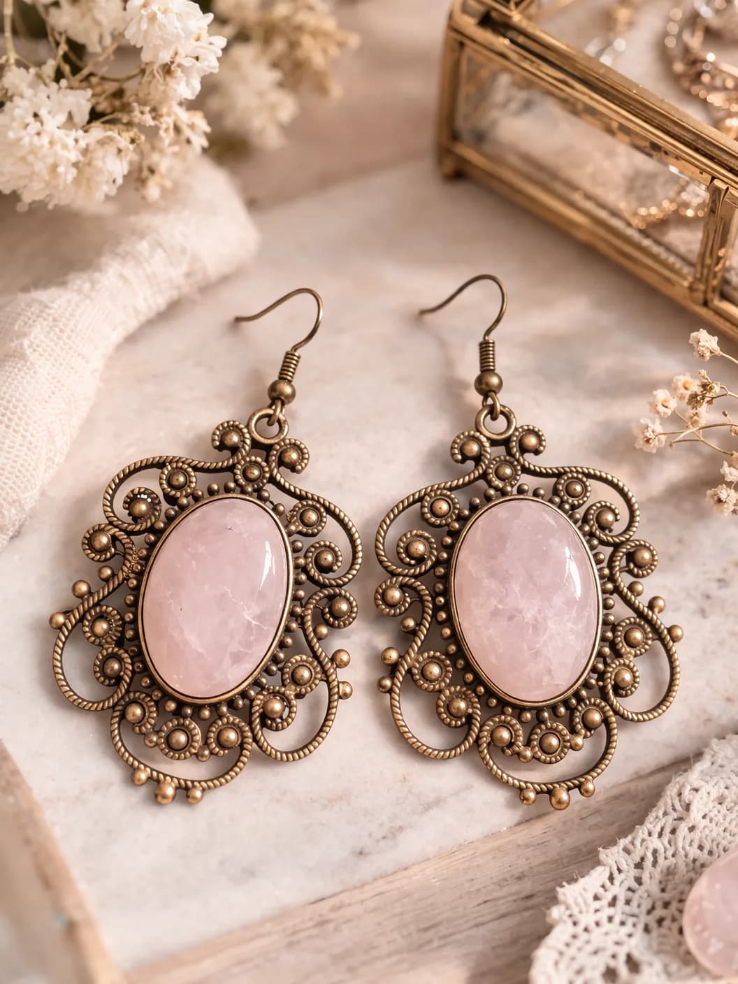 Boucles d’oreilles baroques pendantes en quartz rose