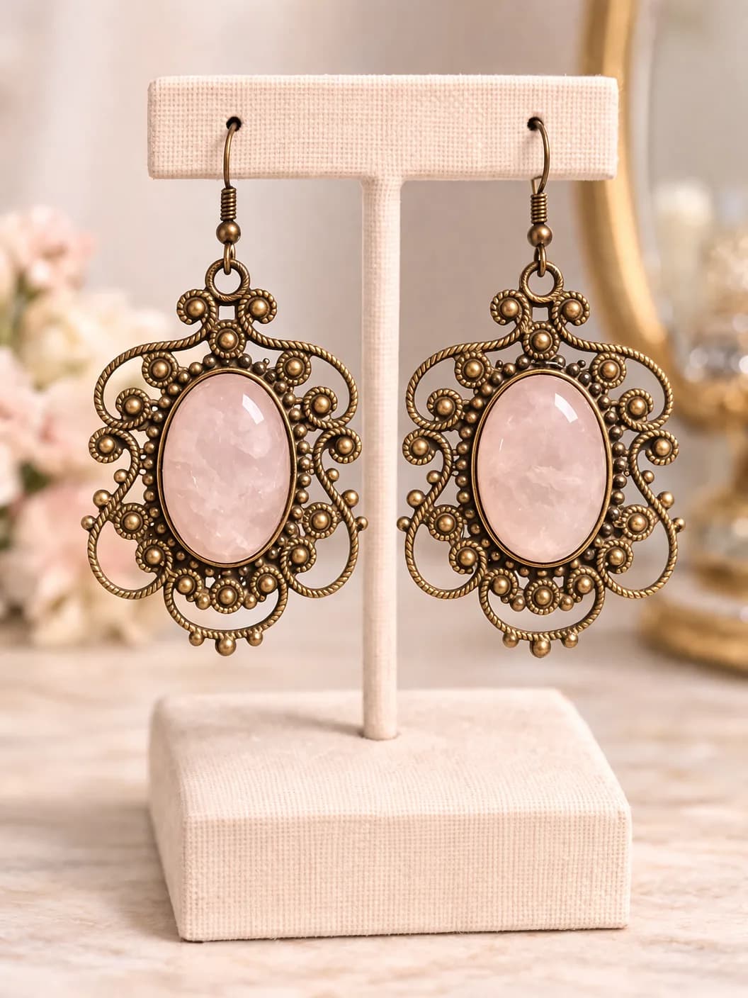 Boucles d’oreilles baroques pendantes en quartz rose