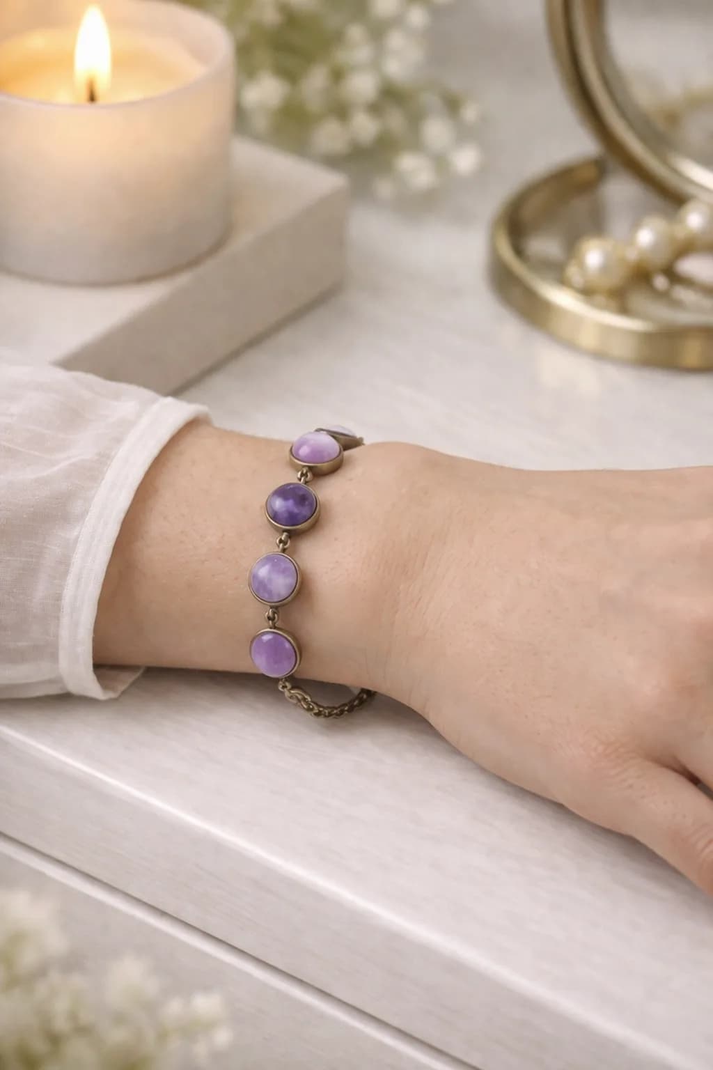 Bracelet Éclat Améthyste – Bronze et Sérénité Ajustable