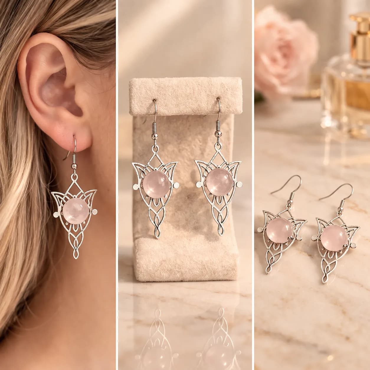 Élégance Elfique – Boucles d’Oreilles en Quartz Rose