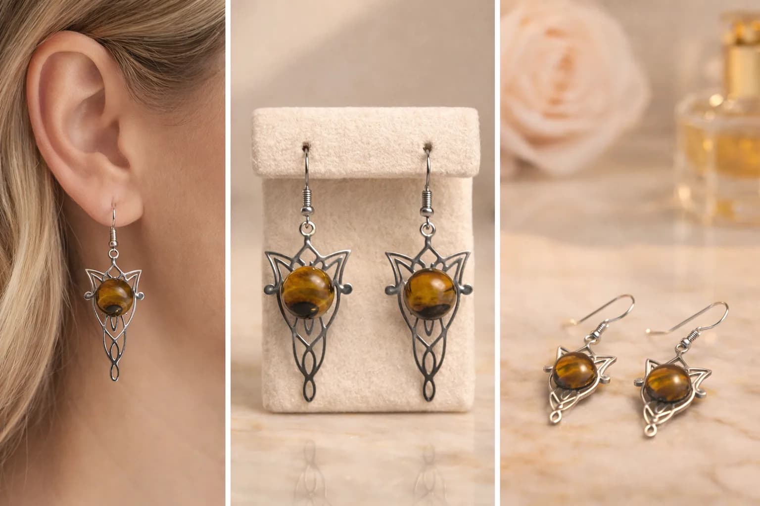 Regard de Feu – Boucles d’Oreilles Elfiques en Œil de Tigre