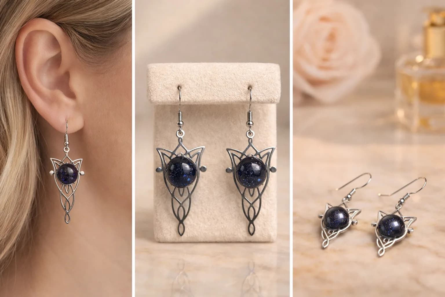 Mystère Céleste – Boucles d’Oreilles Elfiques en Goldstone Blue