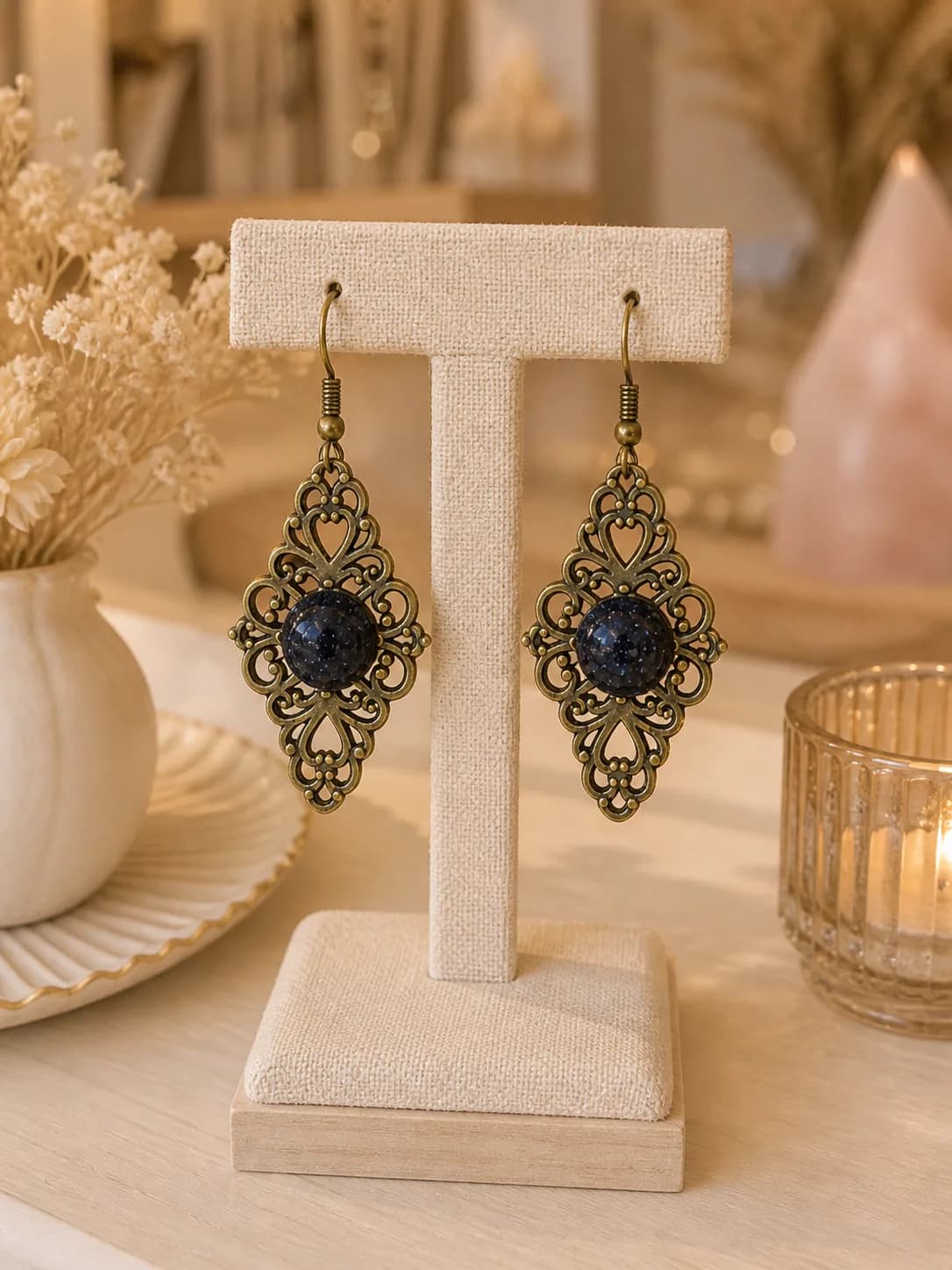 Boucles d’oreilles Goldstone Blue – Bronze – Élégance céleste
