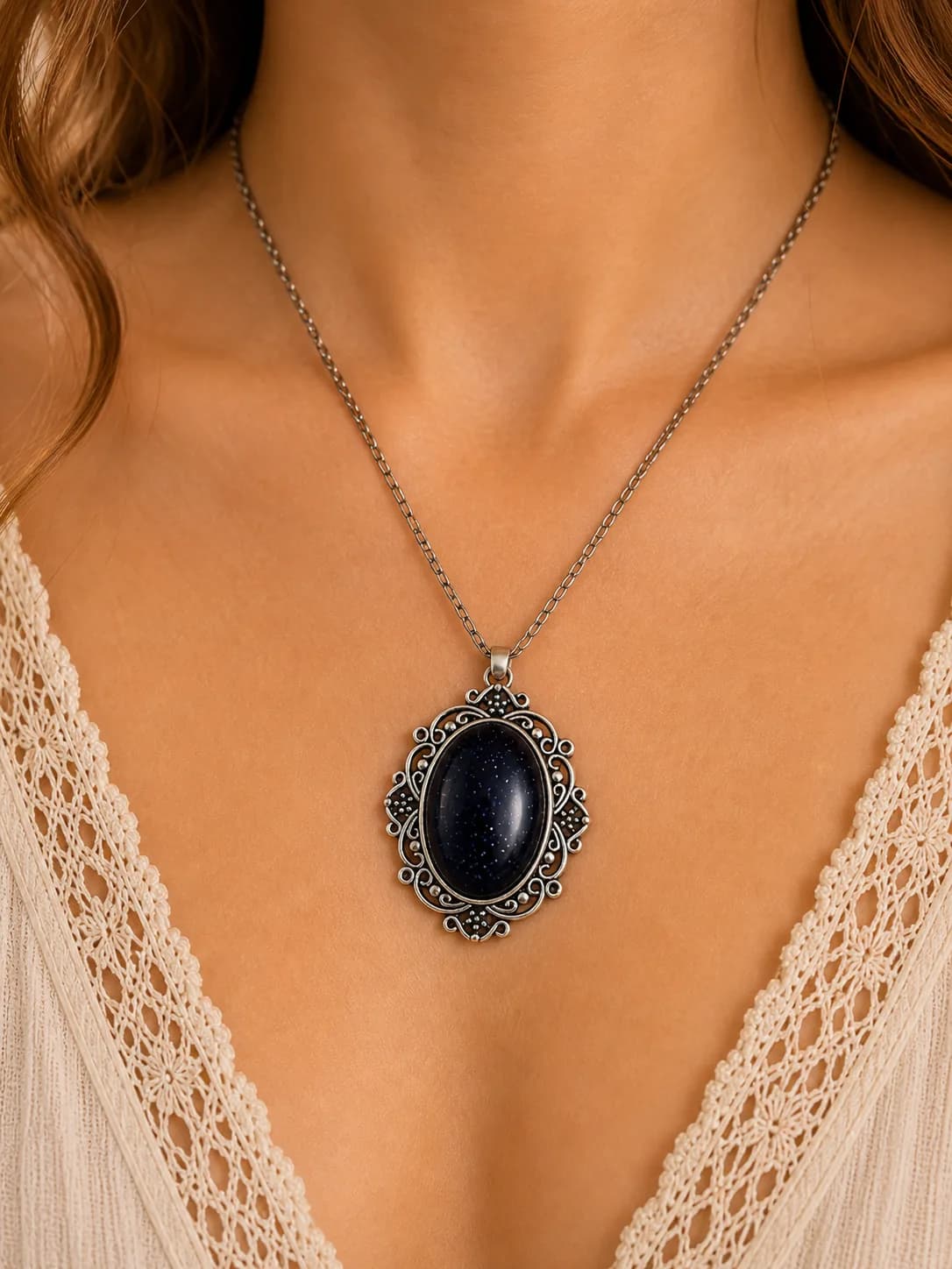 Collier Goldstone Blue – Acier inoxydable – Élégance céleste