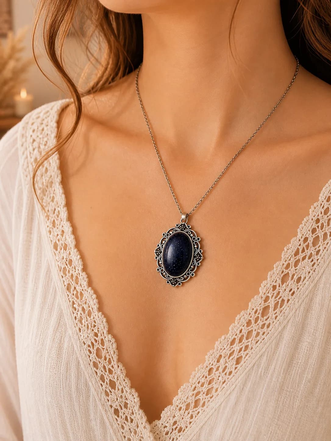 Collier Goldstone Blue – Acier inoxydable – Élégance céleste